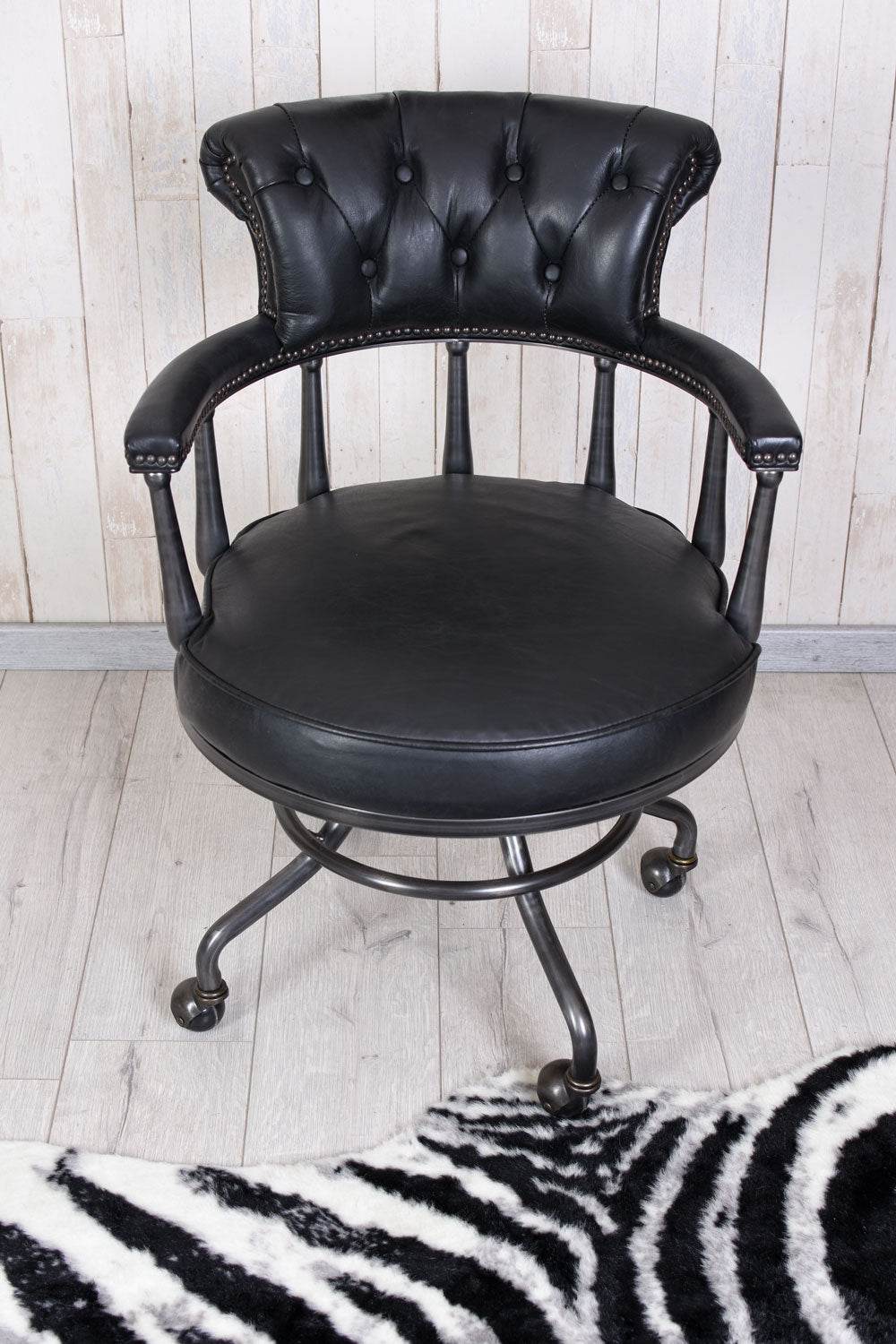 Bürostuhl Chesterfield Echtleder Schwarz - Palo24