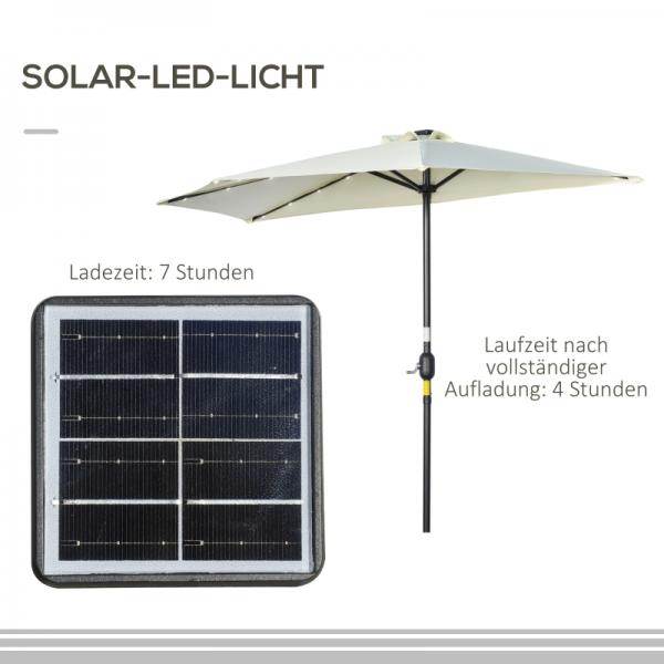 Sonnenschirm, Terrassenschirm, halbrund, mit Solarpaneel, 20 LEDs, Handkurbel, beige, 2,70 x 1,35 x 2,40 m - Palo24