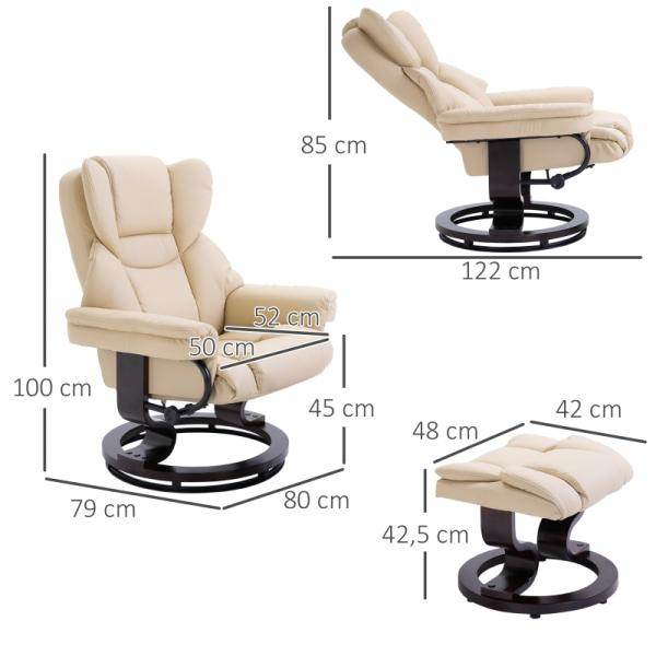Relaxsessel mit Hocker, Liegefunktion, drehbar, bis 160 kg, Kunstleder creme - Palo24