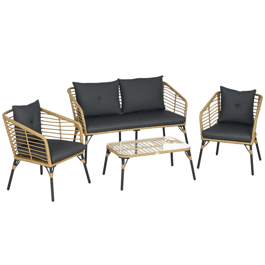 Ensemble de salon de jardin 4 pièces en rotin, style bohème, groupe de sièges lounge naturel + gris foncé