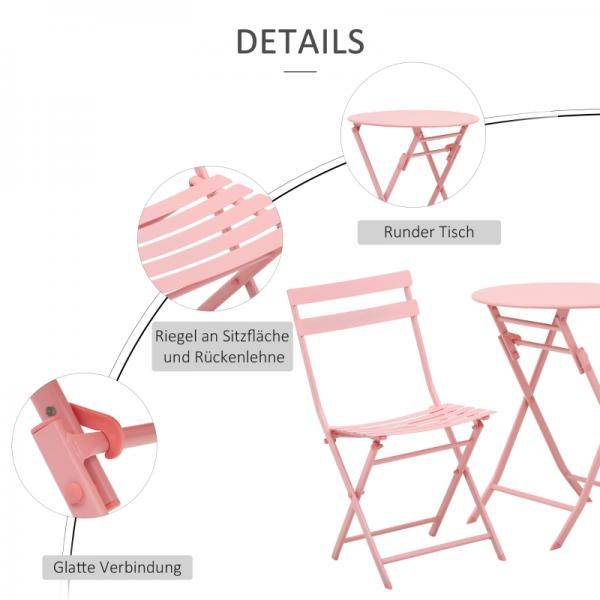 3-tlg. Gartenset Garnitur Bistrotisch mit 2 Stühlen für Hof Garten klappbar Rosa - Palo24