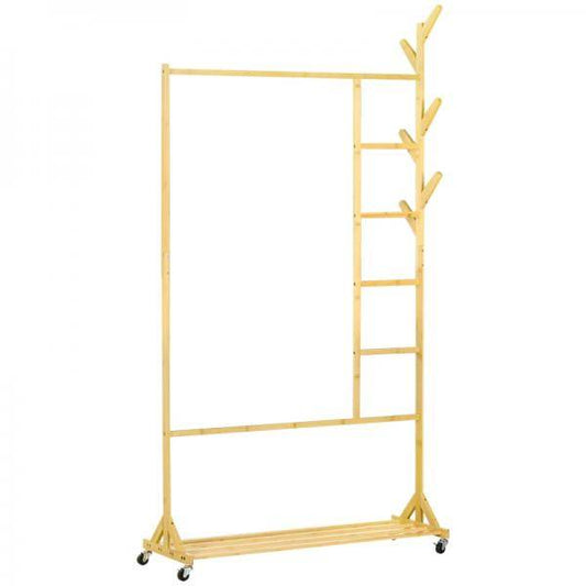 Garderobe aus Bambus, Kleiderhaken, Kleiderstange, Hosenständer, 1 Ablage, 4 Rollen, Natur - Palo24