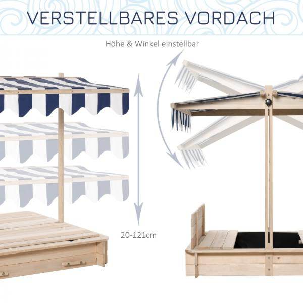 Sandkasten Sandkiste aus Holz mit Dach abnehmbar Rücklehnen verstellbar Tannenholz Natur - Palo24