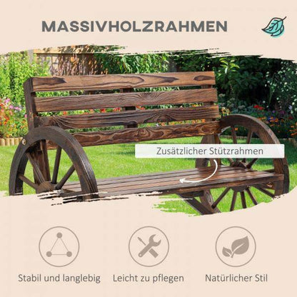 Gartenbank, Wagenrad-Design, für 2 Personen, Naturholz, dunkelbraun, 105,5 x 56 x 79cm - Palo24