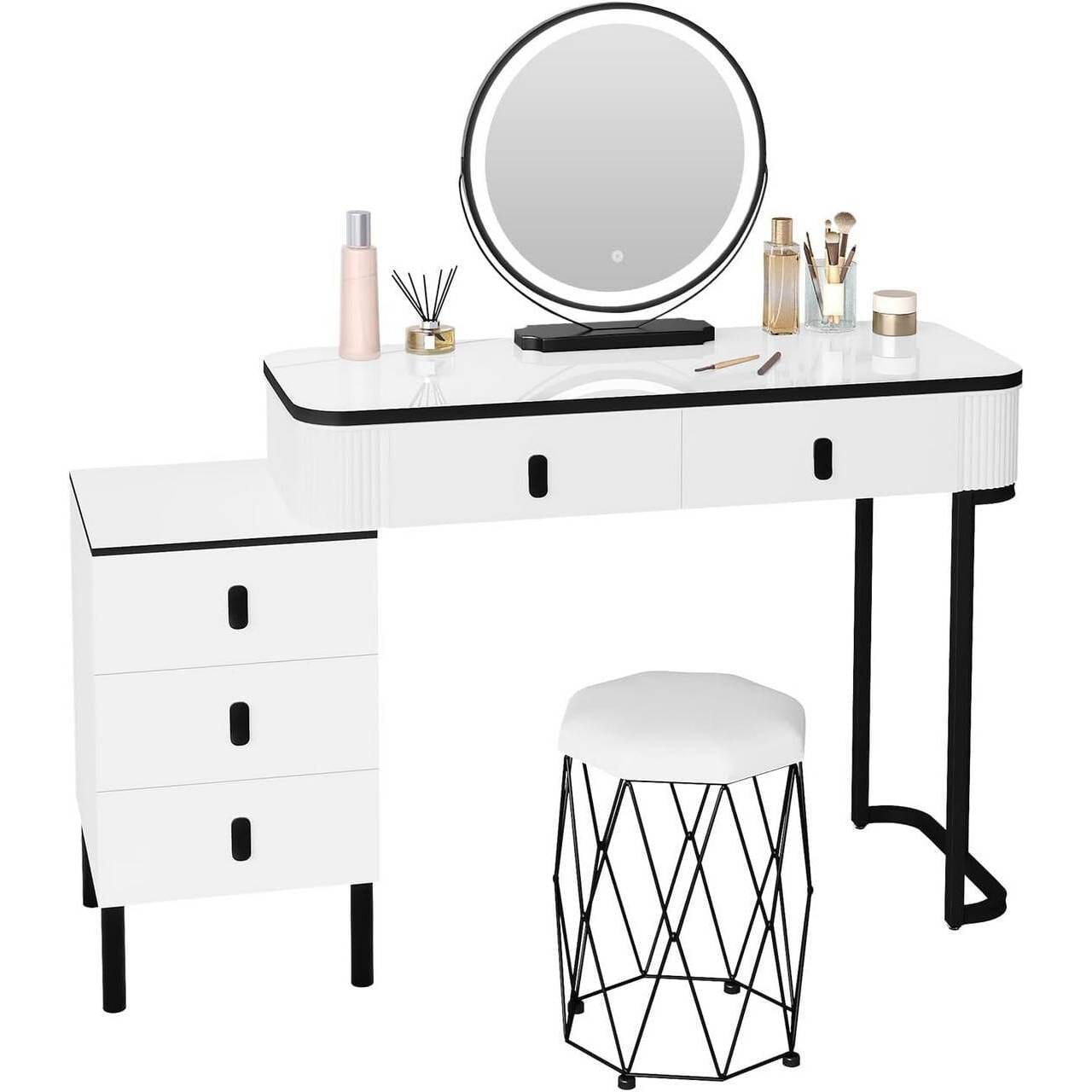 Schminktisch, Hocker aus Samt, Spiegel mit LED, Seitenschrank Weiss - Palo24