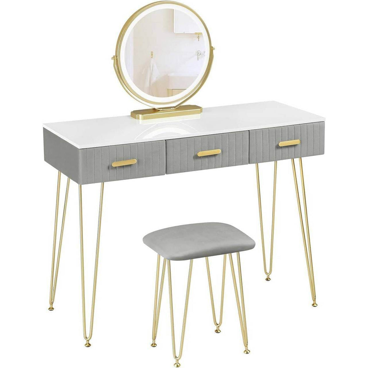 Schminktisch mit LED Samthocker, 3 Schubladen, Weiss Gold Grau - Palo24