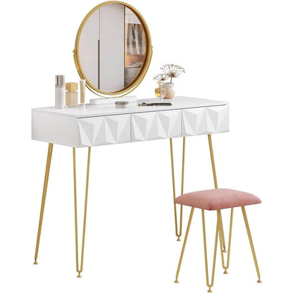 Designer Schminktisch & Hocker schwenkbarer Spiegel 3D-Schublade Gold - Palo24