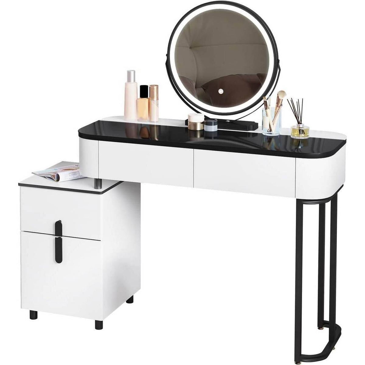 Schminktisch mit LED, Glasplatte, Schubladen, Seitenschrank, Weiss Schwarz - Palo24