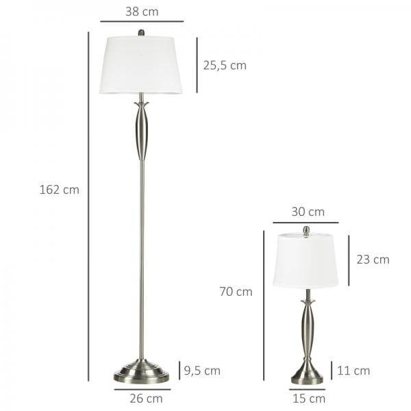 2-teiliges Leuchten-Set. 1 Stehleuchte, 1 Tischleuchten, Leinenoptik Silber + Weiss - Palo24