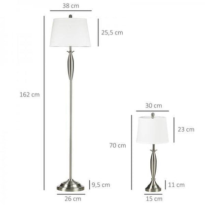 2-teiliges Leuchten-Set. 1 Stehleuchte, 1 Tischleuchten, Leinenoptik Silber + Weiss - Palo24