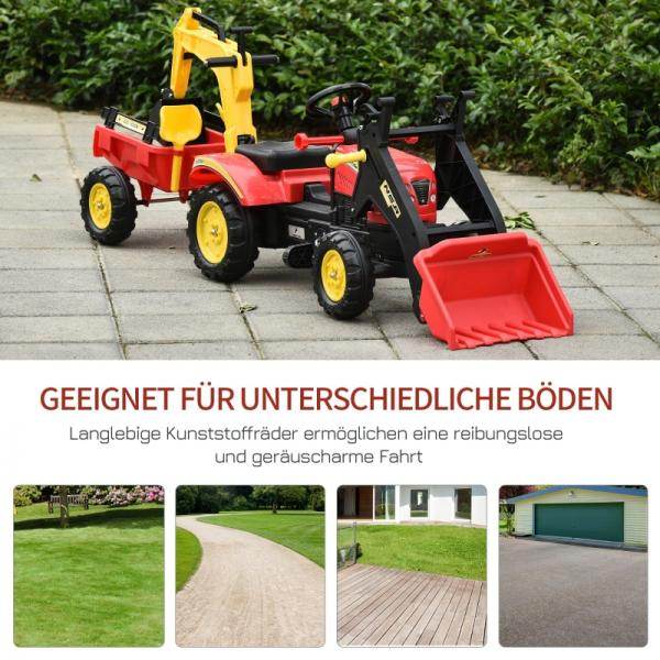 Trettraktor mit Anhänger Tretbagger mit Frontlader Kindertrettraktoren ab 3 Jahre Stahl Kunststoff Rot 179 x 42 x 59 cm - Palo24