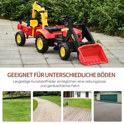 Trettraktor mit Anhänger Tretbagger mit Frontlader Kindertrettraktoren ab 3 Jahre Stahl Kunststoff Rot 179 x 42 x 59 cm - Palo24