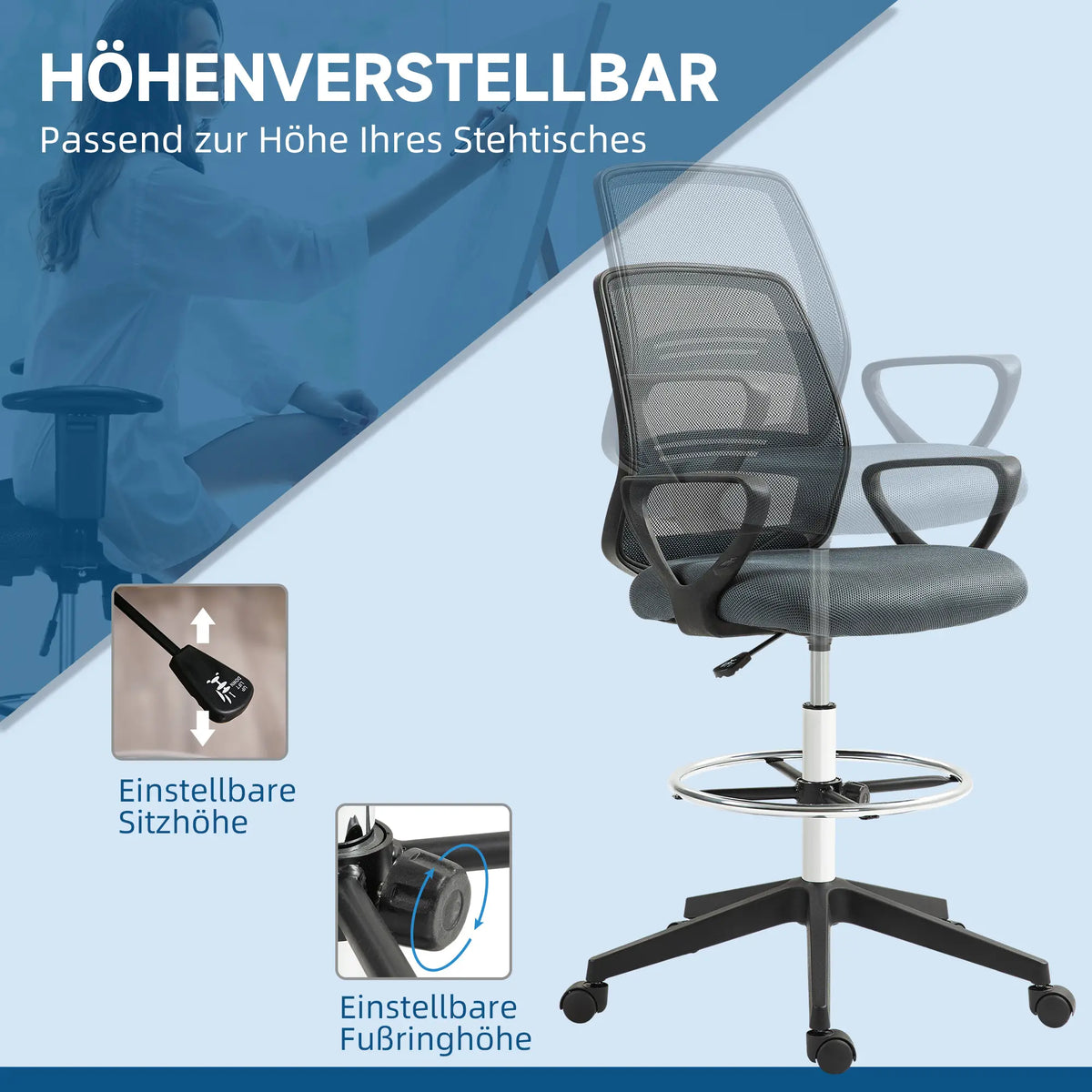 Sedia girevole ergonomica da ufficio regolabile in altezza supporto per la posizione eretta in metallo nero