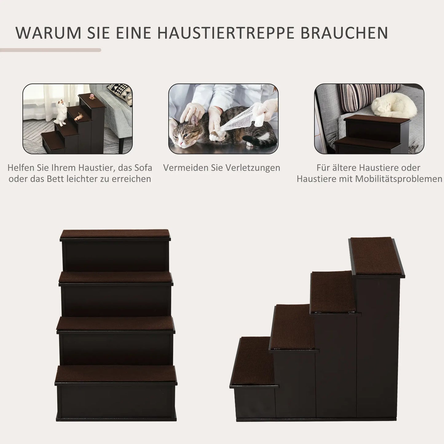 Katzentreppe Haustiertreppe mit Teppich Hundetreppe Dunkelbraun
