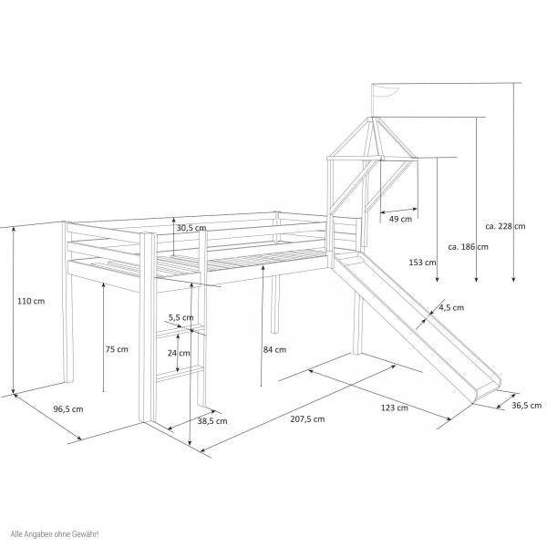 Weisses Kinder Hochbett mit Rutsche, Leiter, Stoffvorhang, Turm & Tunnel rosa, 90 x 200 cm - Palo24