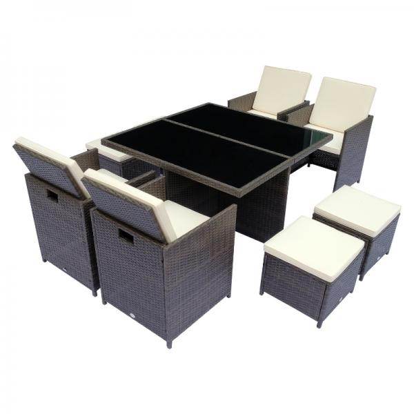 Polyrattan Sitzgruppe Essgruppe 21 tlg. mit Kissen Alu Braun - Palo24