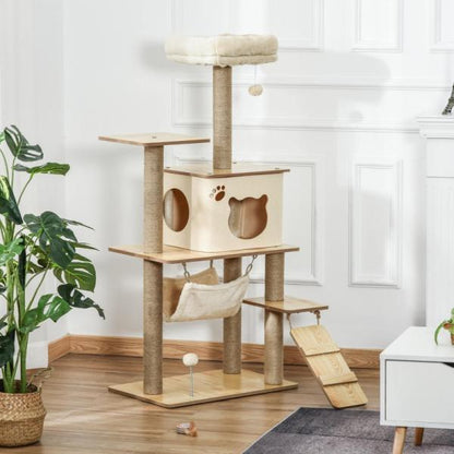 Kratzbaum Katzenbaum Kletterbaum Katzenhöhle 130 cm Plüsch Gelb - Palo24