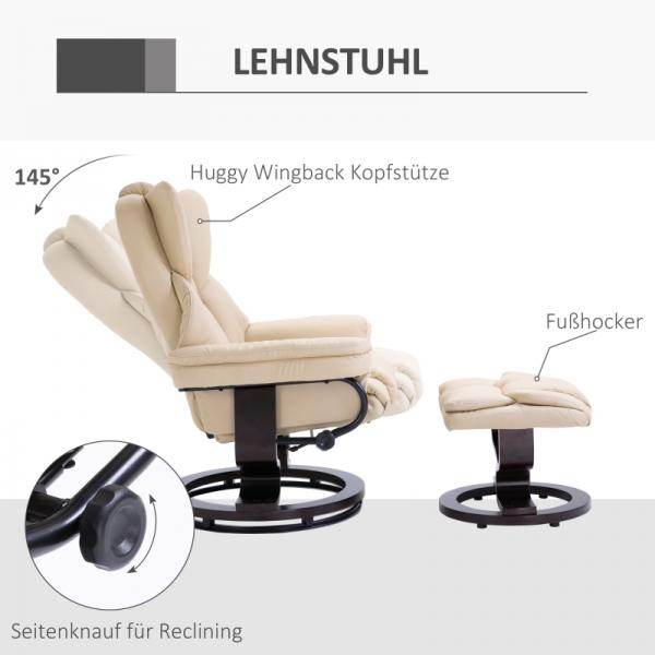 Relaxsessel mit Hocker, Liegefunktion, drehbar, bis 160 kg, Kunstleder creme - Palo24