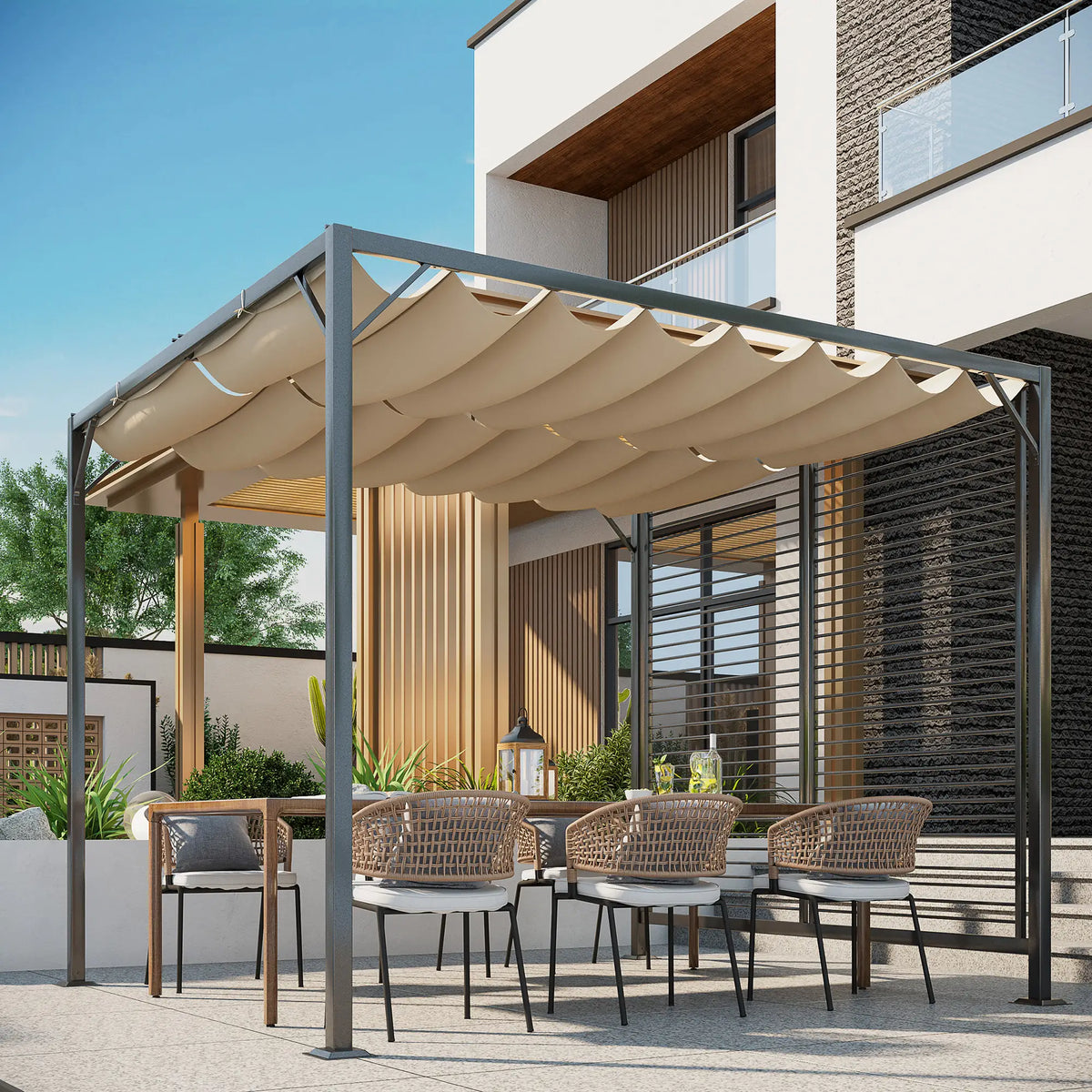 Pavillon Pergola Partyzelt Überdachung Einstellbares Stoffdach Polyester Beige
