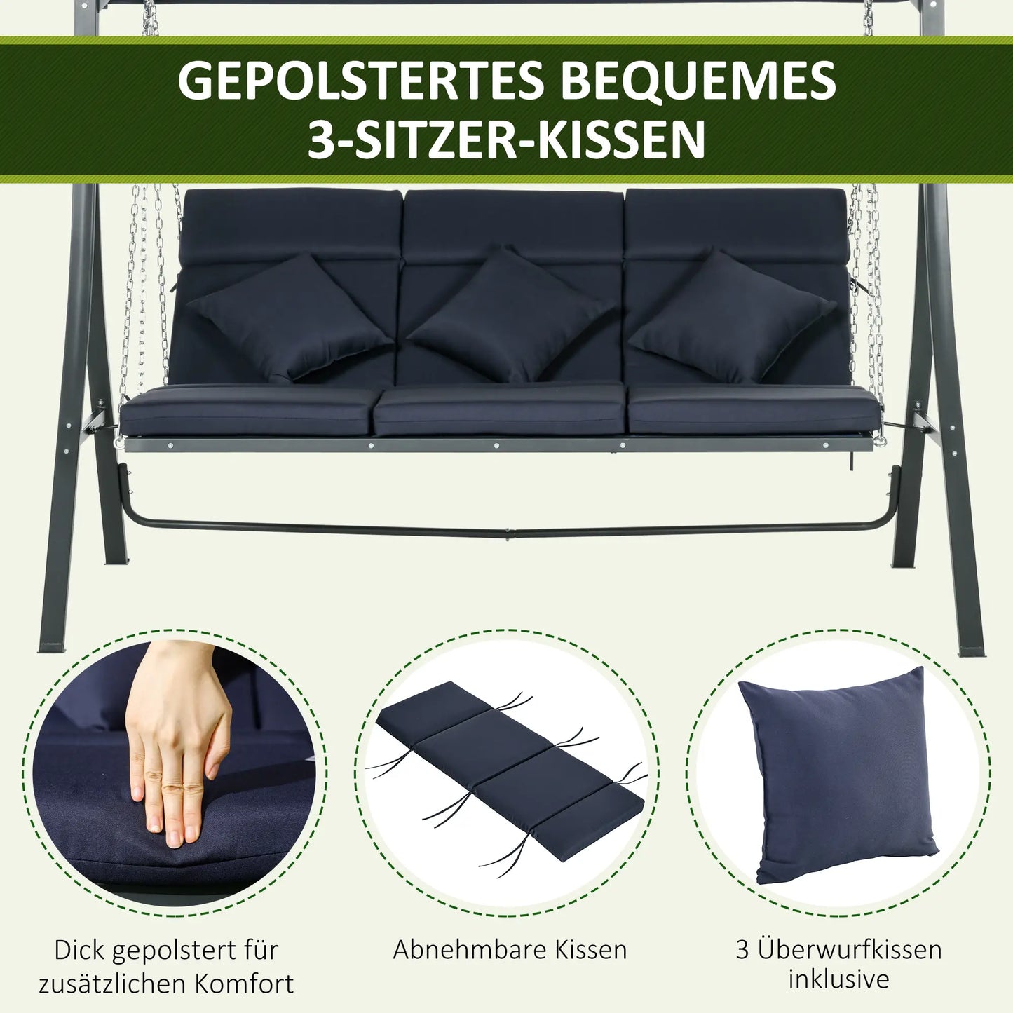 Altalena Hollywood, per 3 persone, tettuccio apribile regolabile, fino a 270 kg, blu scuro, 198 x 118 x 168 cm