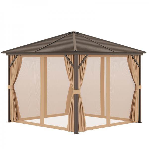 Gartenpavillon 4 x Doppel-Seitenwänden Laternenhaken Alu + Polyester Bronze+Hellbraun ca. 3 x 3 x 2,5 m - Palo24