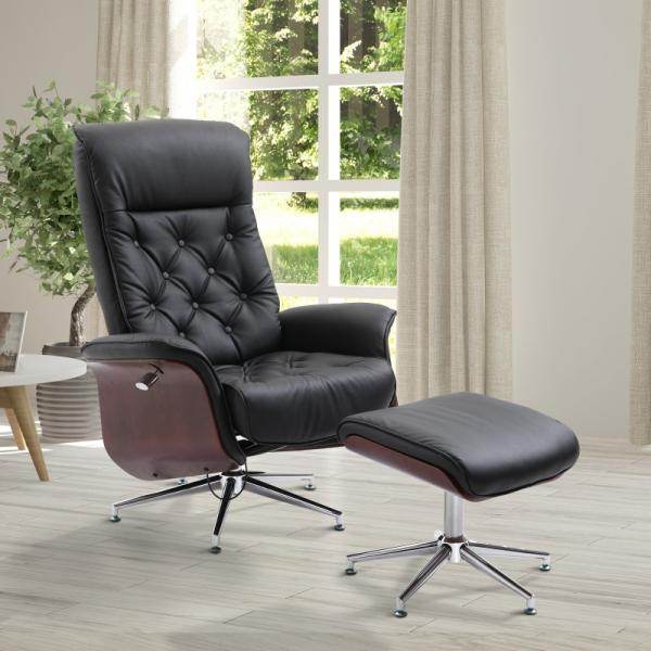 Relaxsessel mit Hocker Fernsehsessel PU-Bezug Holzverkleidung Metallfuss Schwarz - Palo24