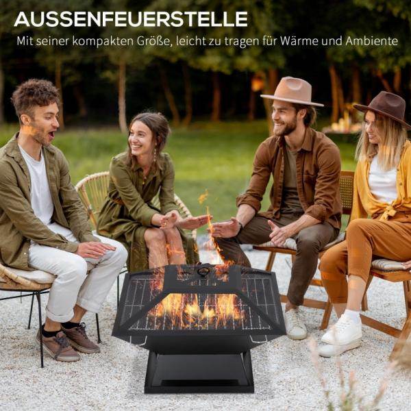 Feuerschale mit Funkenschutz Grillrost Schürhaken Feuerkorb Stahl Schwarz - Palo24