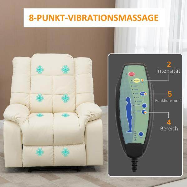 Massagesessel, Relaxsessel, 8 Vibrationspunkte, Liegefunktion, Kunstleder, cremeweiss - Palo24