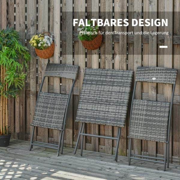 3-tlg. Gartensitzgruppe, 2 Klappstühle, 1 Klapptisch, Rattanoptik, Metallrahmen, grau - Palo24