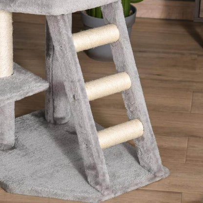 Kratzbaum mit Höhle Leiter Katzenbaum Kletterbaum E1 MDF Sisal Hellgrau - Palo24