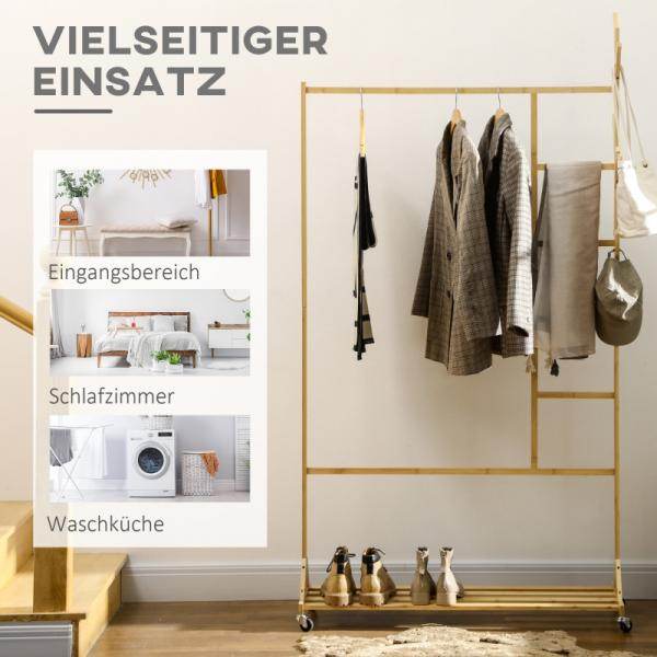 Garderobe aus Bambus, Kleiderhaken, Kleiderstange, Hosenständer, 1 Ablage, 4 Rollen, Natur - Palo24