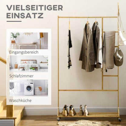 Garderobe aus Bambus, Kleiderhaken, Kleiderstange, Hosenständer, 1 Ablage, 4 Rollen, Natur - Palo24