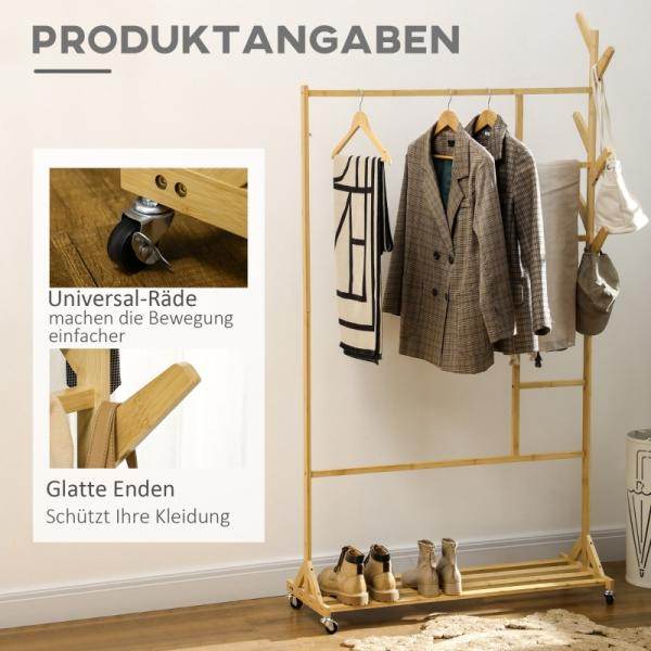 Garderobe aus Bambus, Kleiderhaken, Kleiderstange, Hosenständer, 1 Ablage, 4 Rollen, Natur - Palo24