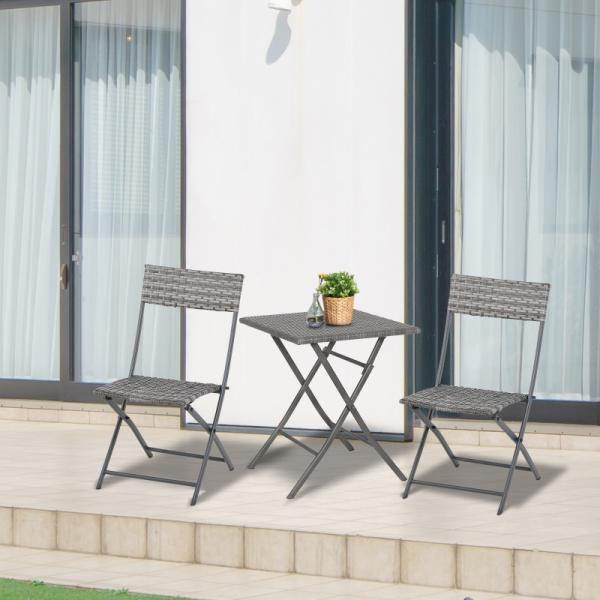 3-tlg. Gartensitzgruppe, 2 Klappstühle, 1 Klapptisch, Rattanoptik, Metallrahmen, grau - Palo24