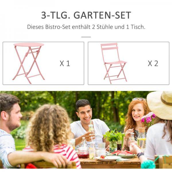 3-tlg. Gartenset Garnitur Bistrotisch mit 2 Stühlen für Hof Garten klappbar Rosa - Palo24