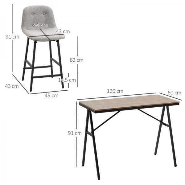 Bartisch mit Barhockern im Industrie-Design, Knopfheftung, Grau + Schwarz - Palo24