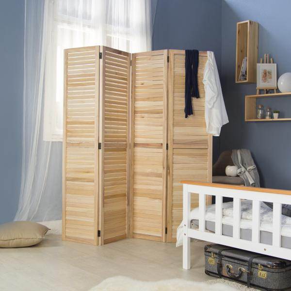 4 fach Paravent Raumteiler Holz natur - Palo24