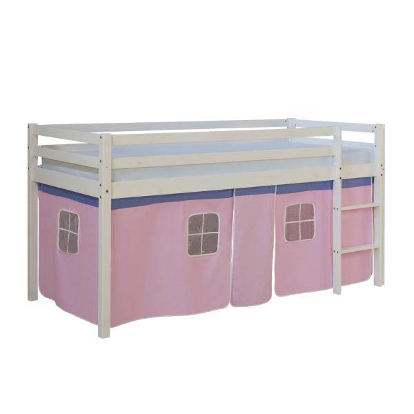 Hochbett Spielbett Kinderbett Leiter Kiefer Vorhang pink 90x200 Jugendbett - Palo24