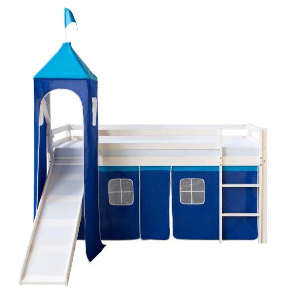 Hochbett Spielbett Kinderbett Rutsche Turm Vorhang blau 90x200 Jugendbett - Palo24