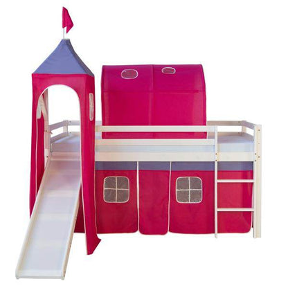 Hochbett Spielbett Kinderbett Rutsche Turm Vorhang rot 90x200 Jugendbett Tunnel - Palo24