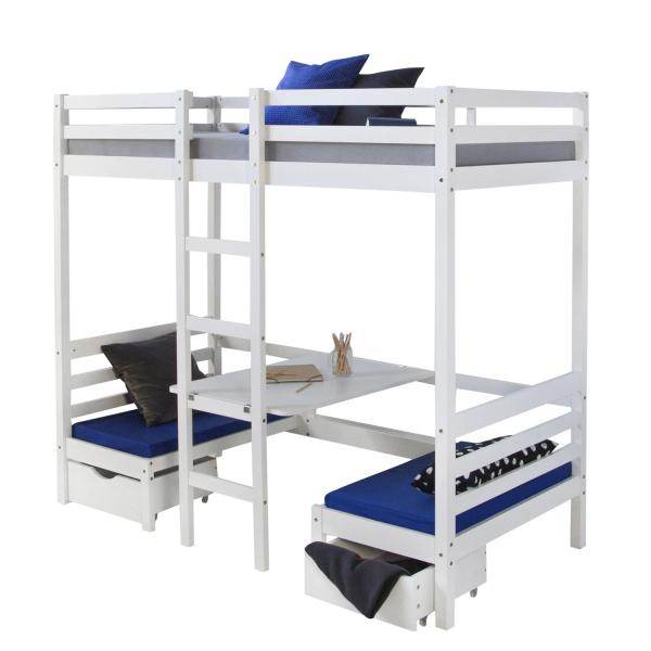 Kinderbett Hochbett 90x200 weiss Schreibtisch Etagenbett + Sitzkissen blau - Palo24