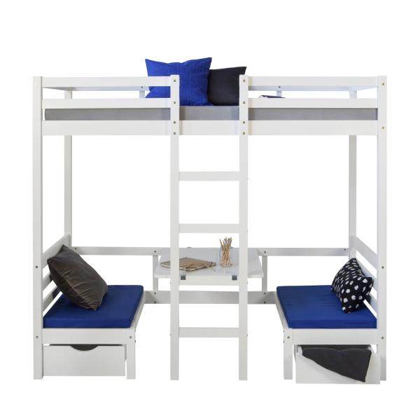 Kinderbett Hochbett 90x200 weiss Schreibtisch Etagenbett + Sitzkissen blau - Palo24