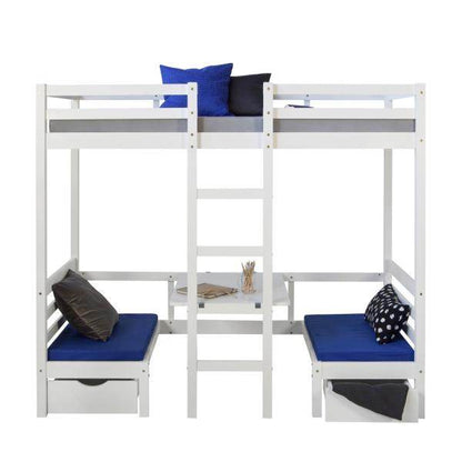 Kinderbett Hochbett 90x200 weiss Schreibtisch Etagenbett + Sitzkissen blau - Palo24