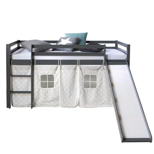 Hochbett Spielbett Kinderbett Leiter Kiefer Vorhang grau 90x200 Jugendbett - Palo24