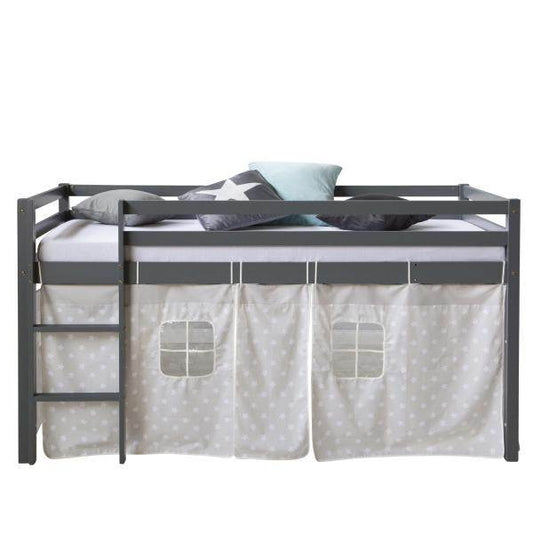 Hochbett Spielbett Kinderbett Kiefer Leiter Vorhang grau 90x200 Jugendbett - Palo24