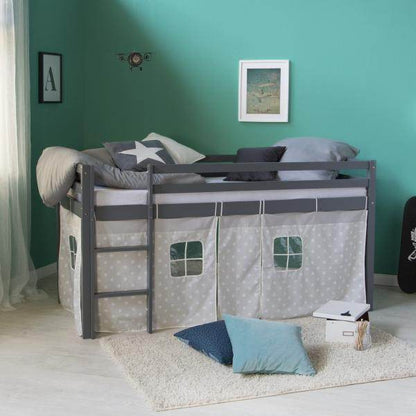 Hochbett Spielbett Kinderbett Kiefer Leiter Vorhang grau 90x200 Jugendbett - Palo24