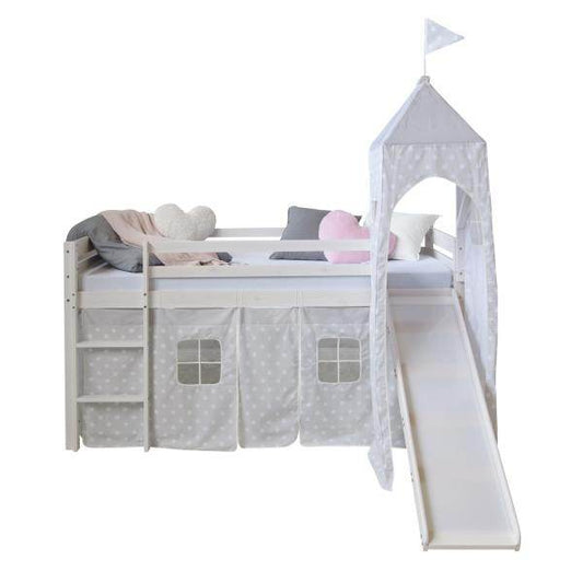 Hochbett Spielbett Kinderbett Rutsche Turm Vorhang grau Stern 90x200 Jugendbett - Palo24