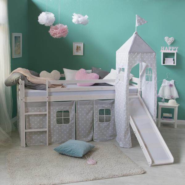Hochbett Spielbett Kinderbett Rutsche Turm Vorhang grau Stern 90x200 Jugendbett - Palo24