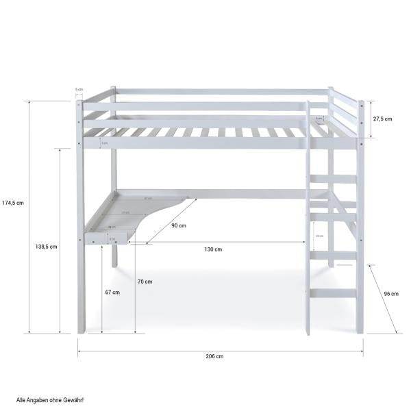 Hochbett Kinderbett 90x200 weiss Schreibtisch Spielbett - Palo24