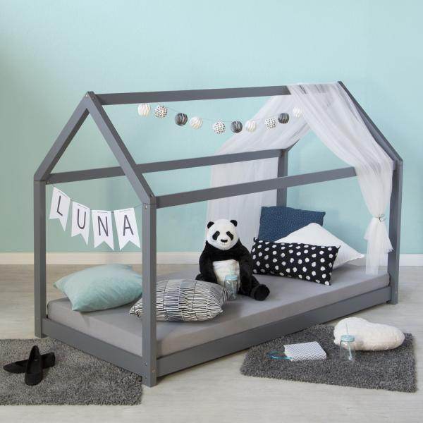 Kinderbett Kinderhaus Spielbett Hausbett Holzbett grau 80 x 160 cm - Palo24